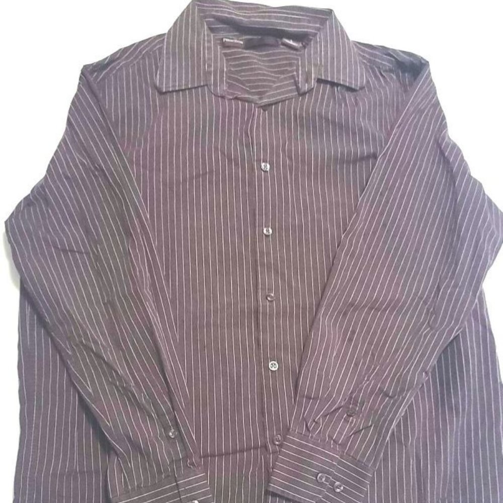 Perry Ellis Mens Brown Pin Striped Button Down Large Long Sleeve Shirt Casual